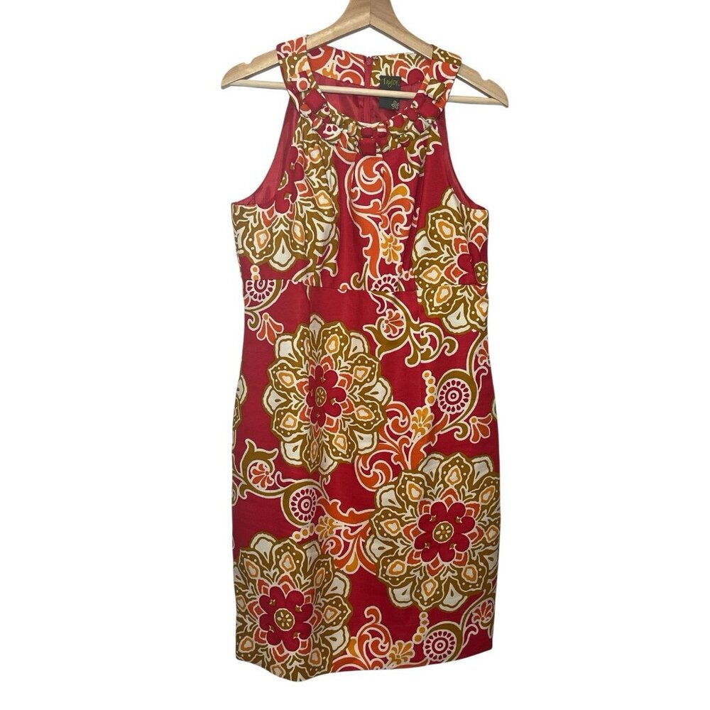 Taylor Women’s Dress Floral Red Sleeveless Silk Linen Halter Neck Lined Zipper